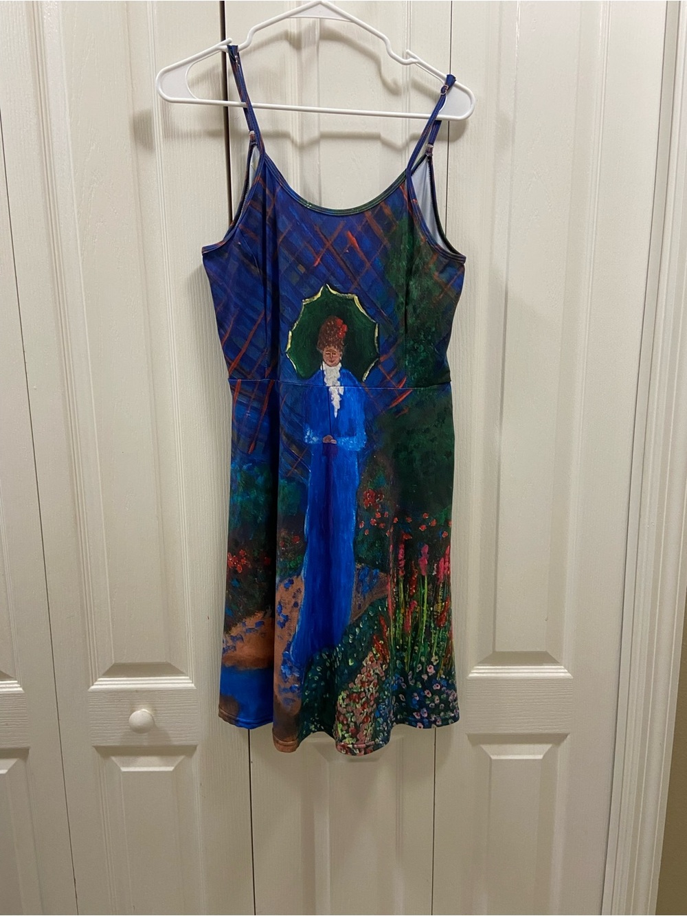 Wearable art Blue & Green Garden Print Slip Dress